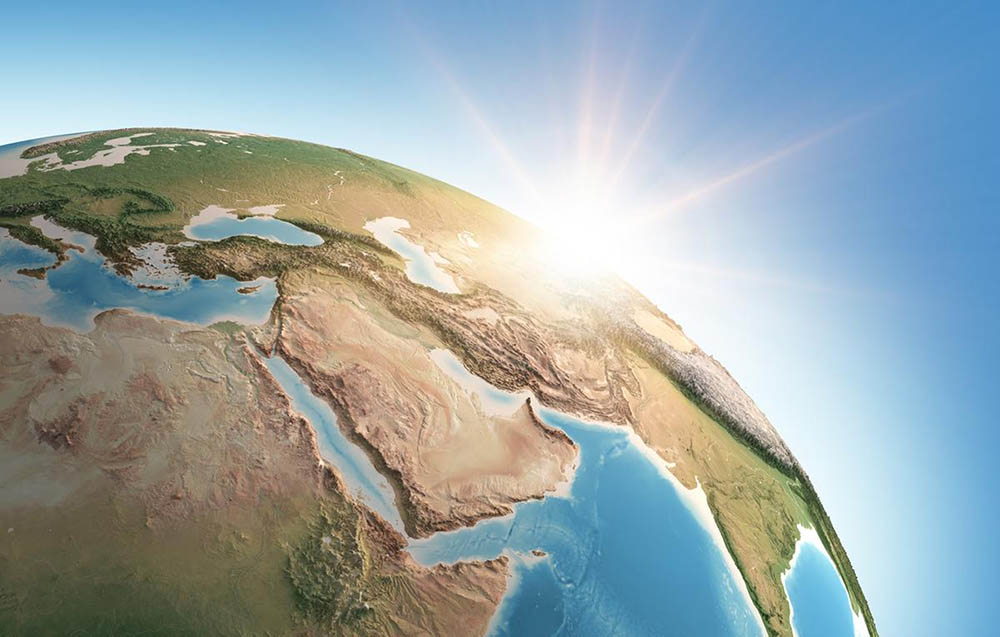 Environmental Permitting in Middle East - Sun shining over a high detailed view of Planet Earth, focused on Middle East and Arabian Peninsula